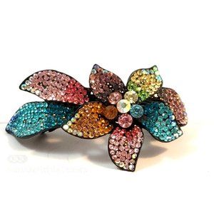 Crystal Flower Hair Barrette Clip 4" Stunning Vintage Accessories bright colors